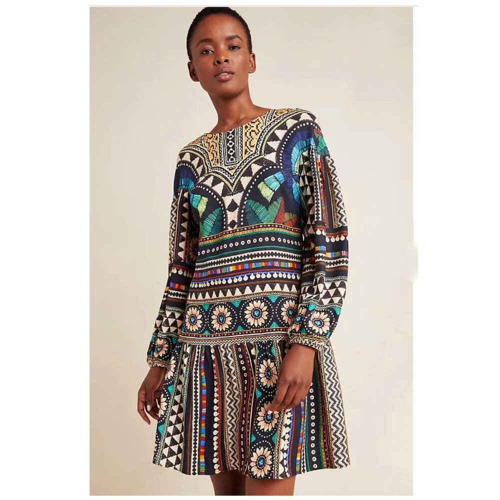 Farm Rio X Anthropologie Carlotta Long Sleeve Mini Tunic Dress Abstract XS